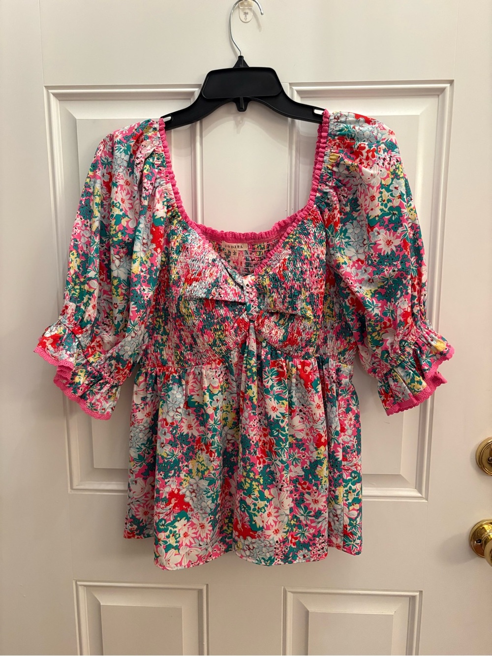 JODIFL Pink Multi Floral Smocked Peasant Top